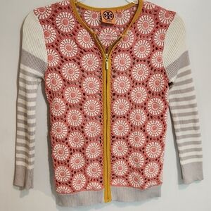 Tory Burch Pink and Cream Patterned Crocheted Cardigan